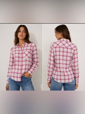 PAIGE Womens Plaid Flannel Button Down Shirt  Pink Mauve Cotton Medium